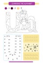 Letter U and funny cartoon unicorn. Animals alphabet a-z. Coloring page. Printable worksheet. Handwriting practice. Connect the do Royalty Free Stock Photo